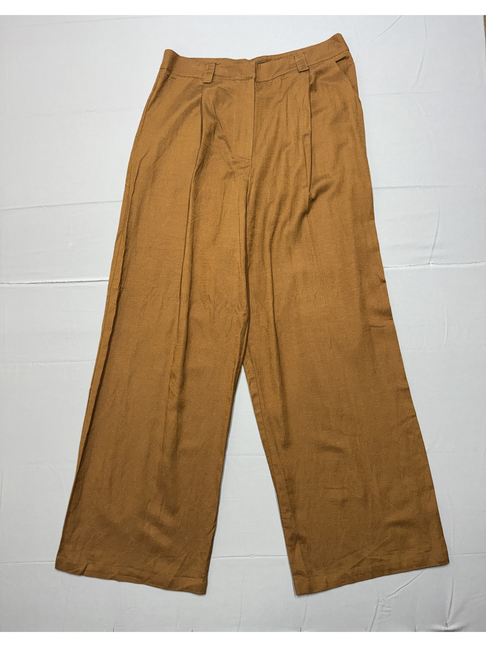 Lioness Womens La Quinta Pleated Wide Leg Pants M Cognac Brown Boho Linen Look
